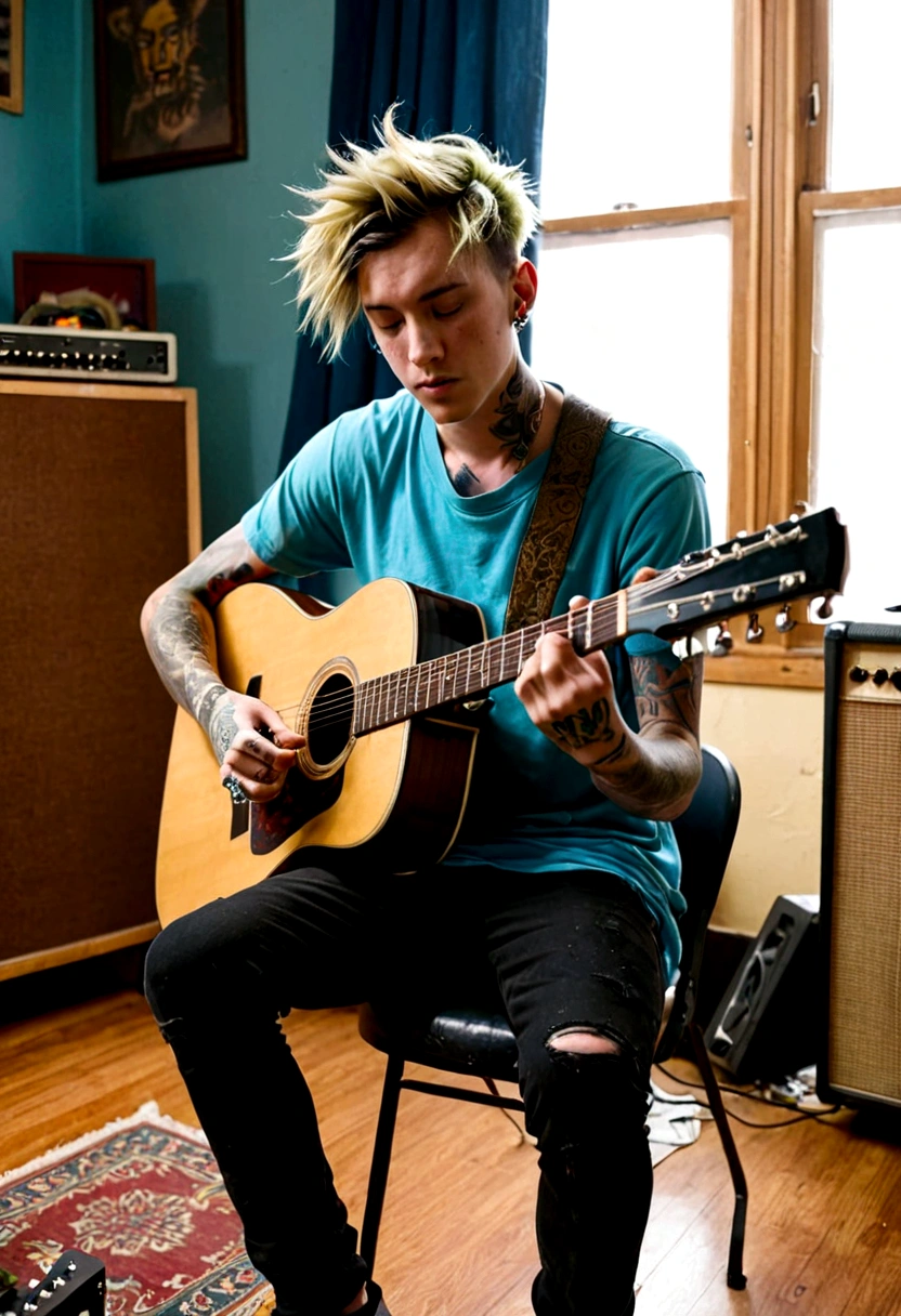 A young man is playing an acoustic guitar in a room that looks unkempt and messy, he wears large airpones in his ears, has short hair, a long chest, and tattoos on his arms.