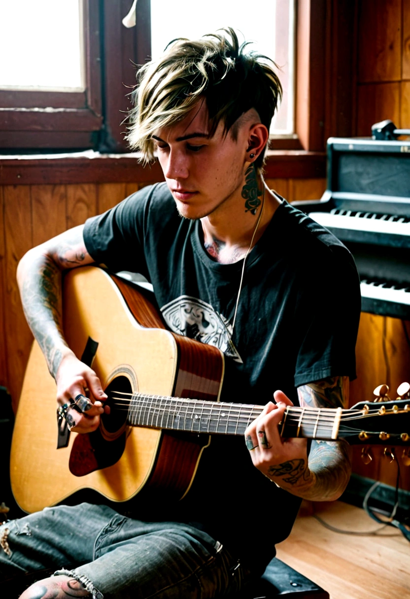 A young man is playing an acoustic guitar in a room that looks unkempt and messy, he wears large airpones in his ears, has short hair, a long chest, and tattoos on his arms.