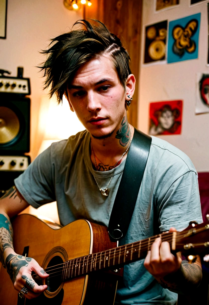 A young man is playing an acoustic guitar in a room that looks unkempt and messy, he wears large airpones in his ears, has short hair, a long chest, and tattoos on his arms.