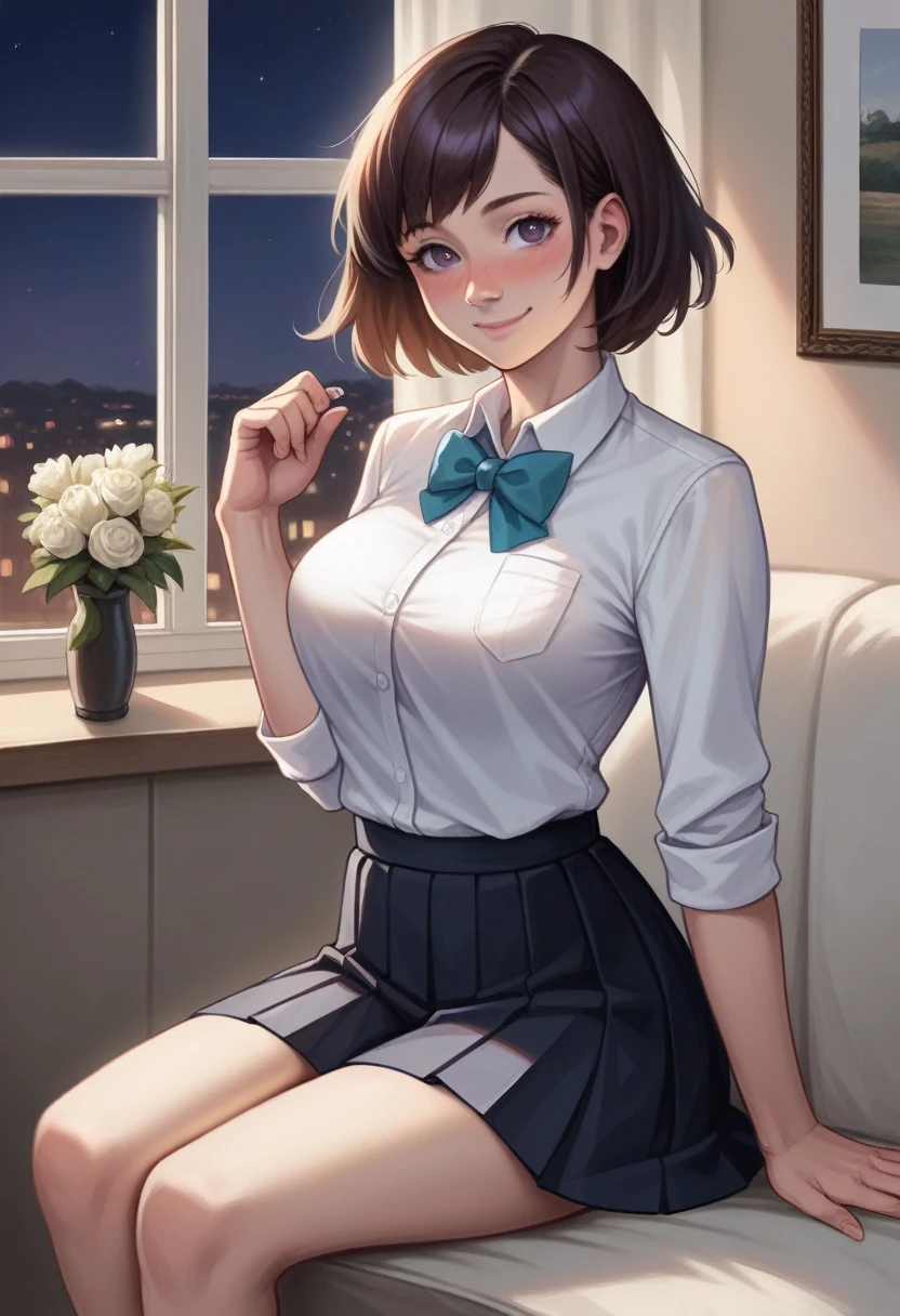 (8k, RAW photo, best quality, masterpiece:1.2), (realistic, photo-realistic:1.37), ultra-detailed,
1 girl,cute, solo,beautiful detailed sky,detailed cafe,night,sitting,dating,(nose blush),(smile:1.1),(closed mouth),large breasts, seductive smile, large aparture, professional lighting, Sony A7R4, Zessie 50mm F1.8,
medium breasts,beautiful detailed eyes,(collared shirt:1.1), bowtie,pleated skirt,(short hair:1.2),floating hair, tits are visible