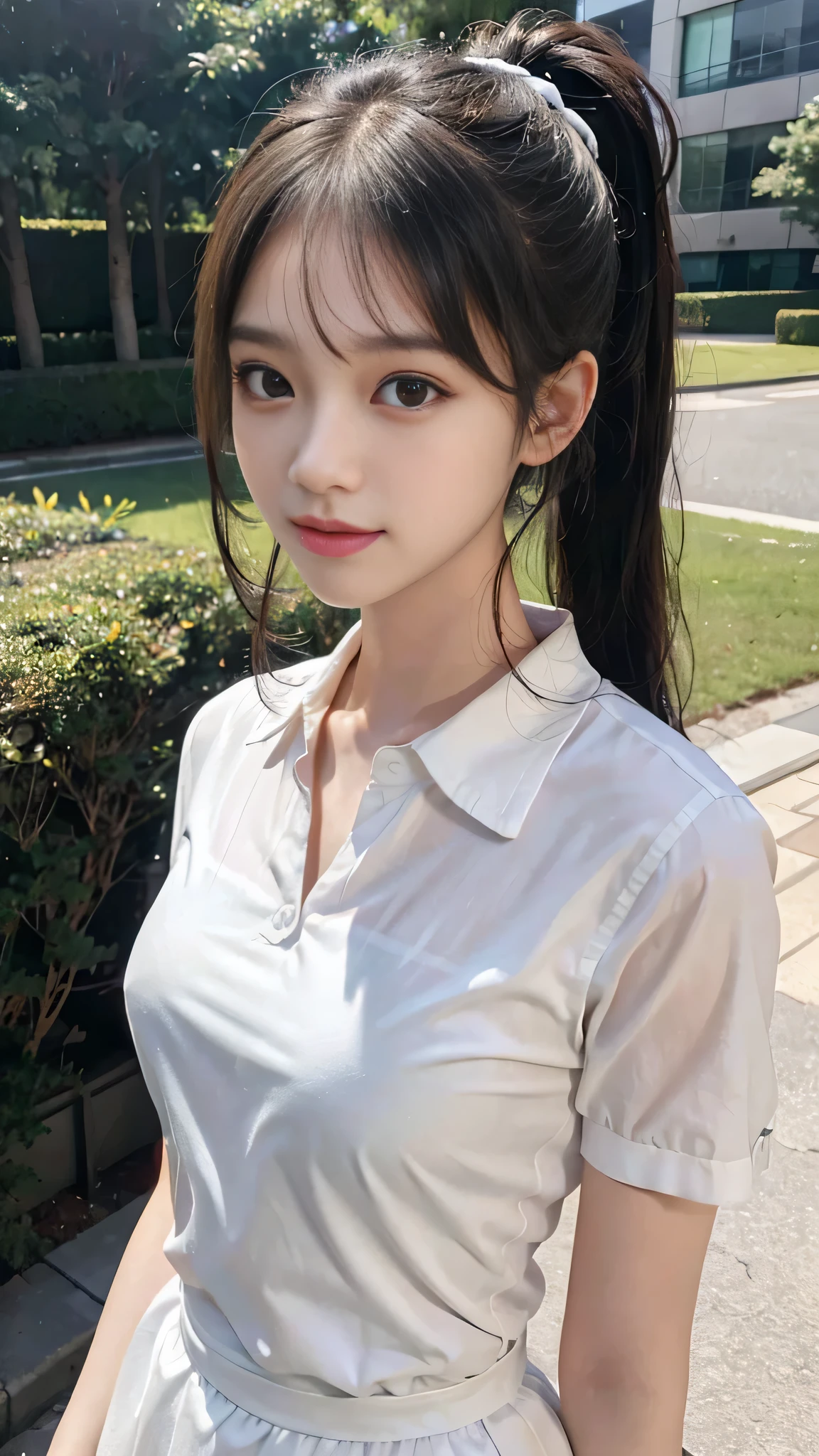 collared dress,european city park,On the lawn,One woman,masutepiece, The highest image quality, High quality, the background is clear,Beautiful woman, Japanese,Ultra-detailed, finely detail, hight resolution, 8K Wallpaper, Perfect dynamic composition, Beautiful detailed eyes , Detailed, Detailed eyes, Detailed skin, Beautiful skin, 超hight resolution, (reality: 1.4),Very beautiful woman, Slightly younger face, Beautiful skin, slender, (Ultra photo realsisim), (hight resolution), (8K), (Very detailed) (beautifully detailed eyes), (super detailed), (Detailed face), view the viewer, Fine details, Detailed face, Staring straight ahead, Staring straight ahead, photos realistic, Bright lighting, Professional Lighting, Black hair,poneyTail,a baby face,sixteen years old,Hairstyle: ponytail,Long ponytail hairstyle,slight smile,neat and tidy clothing,Beautiful Japanese KPOP idol photo, hair style is ponytail, my eyes are double and wide, baby face, smile and look straight ahead, slender, small breasts,Close up face,