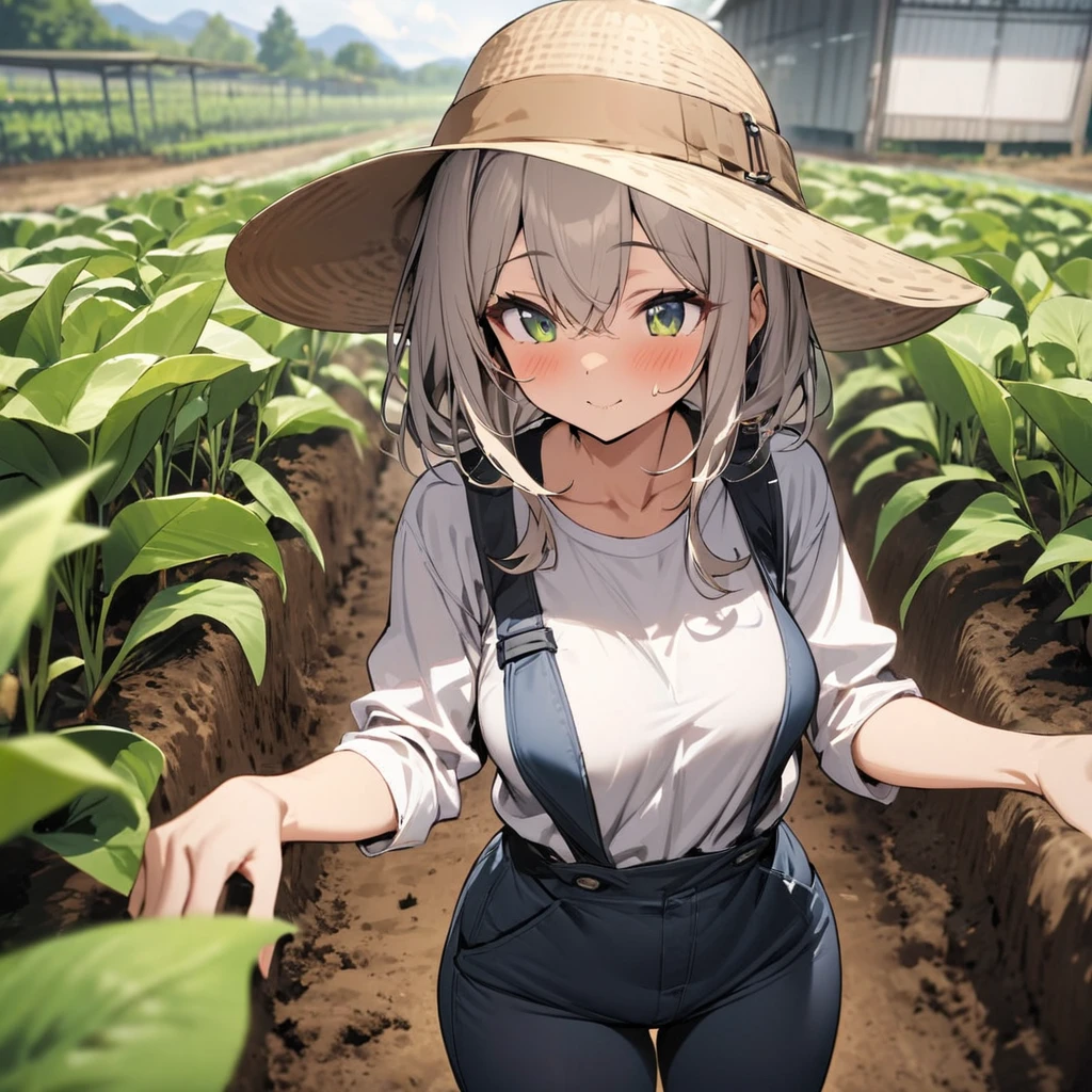 Top quality, masterpiece, girl, growing トマト, farming, work clothes, hat