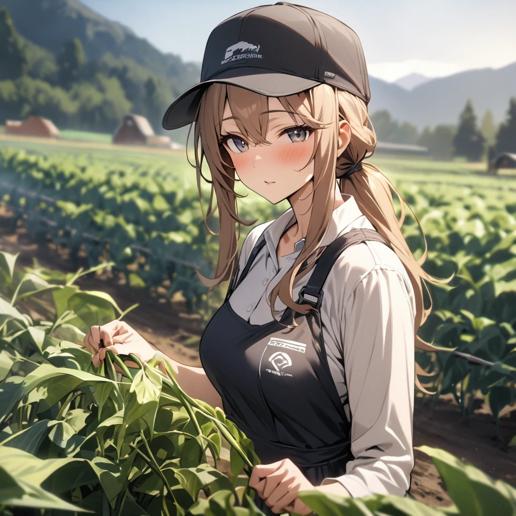 Top quality, masterpiece, girl, growing トマト, farming, work clothes, hat