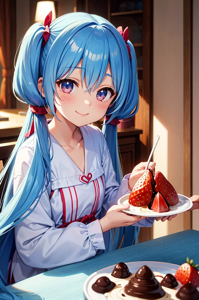 Light blue long hair、Beautiful girl with twin tails、Enjoying chocolate fondue、marshmallow、strawberry、Chocolate Tower、Bright smile