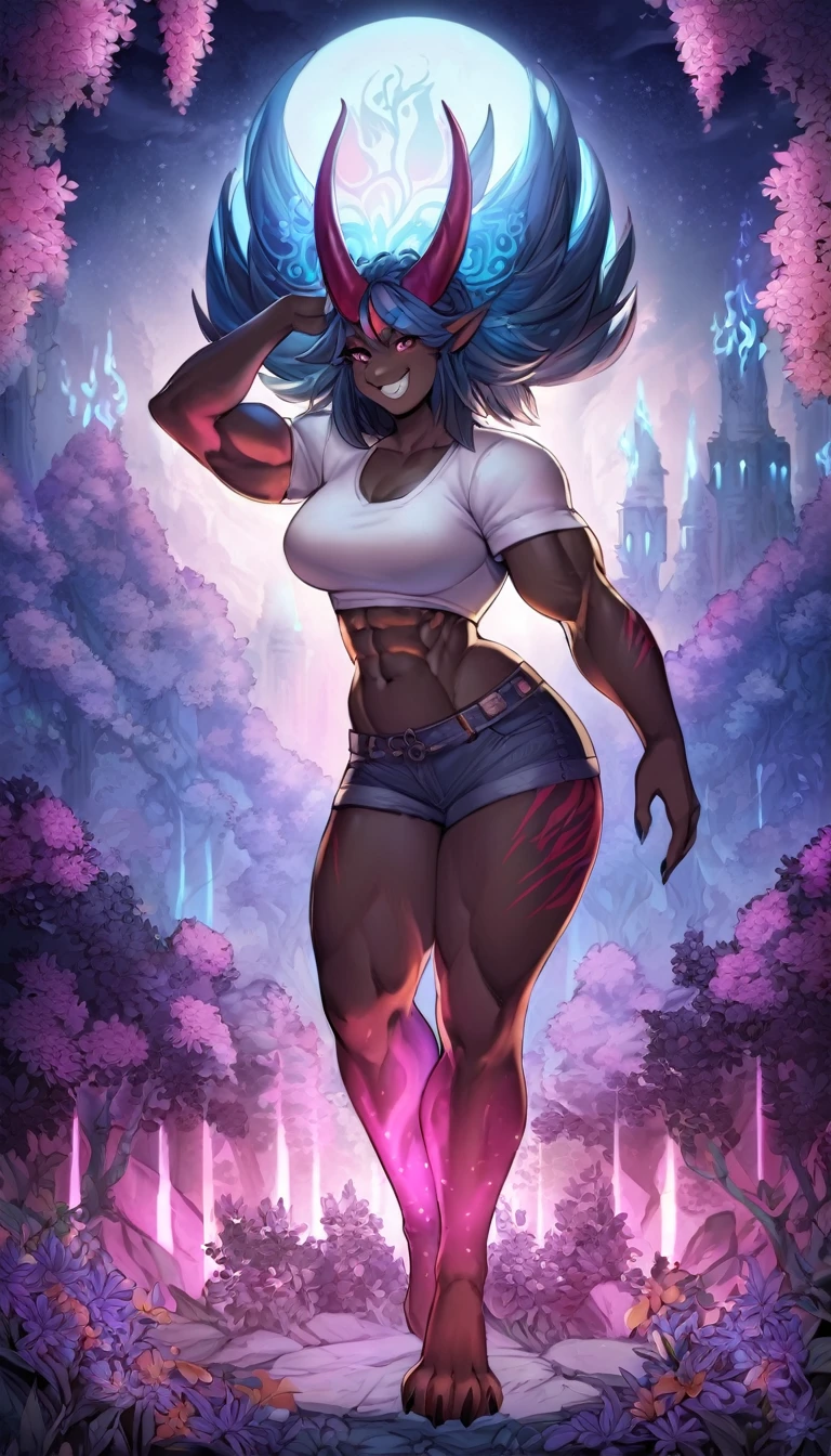 (anime fantasy anthro style: 1.5, full body view: 1.5, muscle and curvy body: 1.5, oni goddess: 1.5) The Oni goddess, with her muscular and curvy body, stands tall and confident, posing for a photoshoot with a beautiful smile on her face. She wears a t- shirt adorned with an ethereal skull design, the blue and pink color scheme adding a vibrant contrast against her dark oni skin. Her horns, intricately detailed, tower above her head and glow with an otherworldly light. The setting is a mystical forest, with thick outlines and