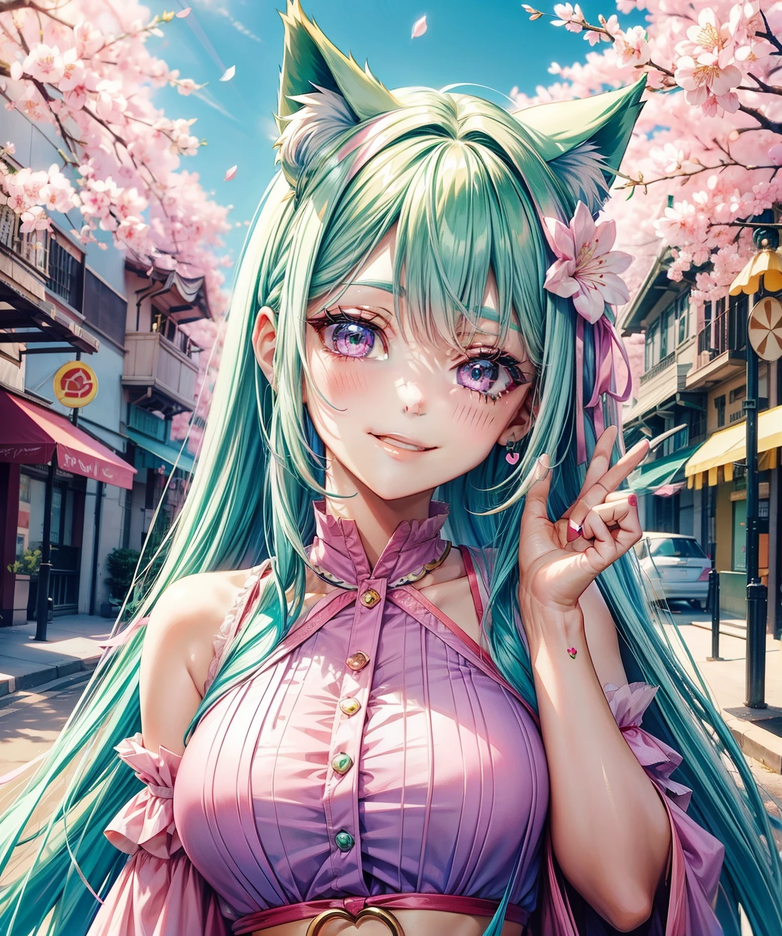Half pink and green hair, pink eyes, woman, teal blue gold clothes,happy face, sexy outfit, cat ears, hearts, floating hearts, face only, long hair, smiling, cherry blossom, hair ornament, up close face, sexy clothes, sexy women