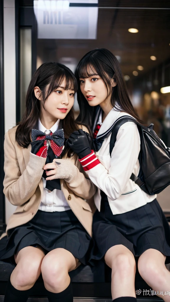 A photo of two mature Japanese gals wearing coats, uniform cardigans, and shiny black leather gloves with leather shoes.,ribbon bowtie,Eyes open,Heavy makeup face,Ultra-detailed face, Uniform Cosplay,eye make up,Profile of a woman with her legs crossed at the entrance to the subway. Ultra Mini Skirt,The girls are looking at each other,eye contact,School Bags,This photo was taken in daylight with soft lighting..、The girls are sitting on the ground.。. This photo was taken by someone on their cell phone..、Apparently it was posted on Snapchat.。.
