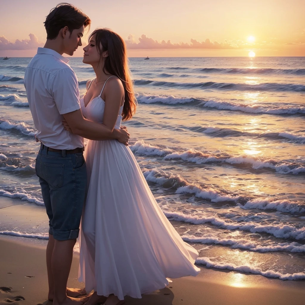 Act like a digital artist specializing in watercolor.Create an image of a romantic watercolor couple. The image must convey feelings of love and affection. The setting should be a sunset on the beach, with warm, vibrant colors to capture the beauty of the moment. This image will be used on social media, so it should be visually appealing and convey a sense of serenity and romance.