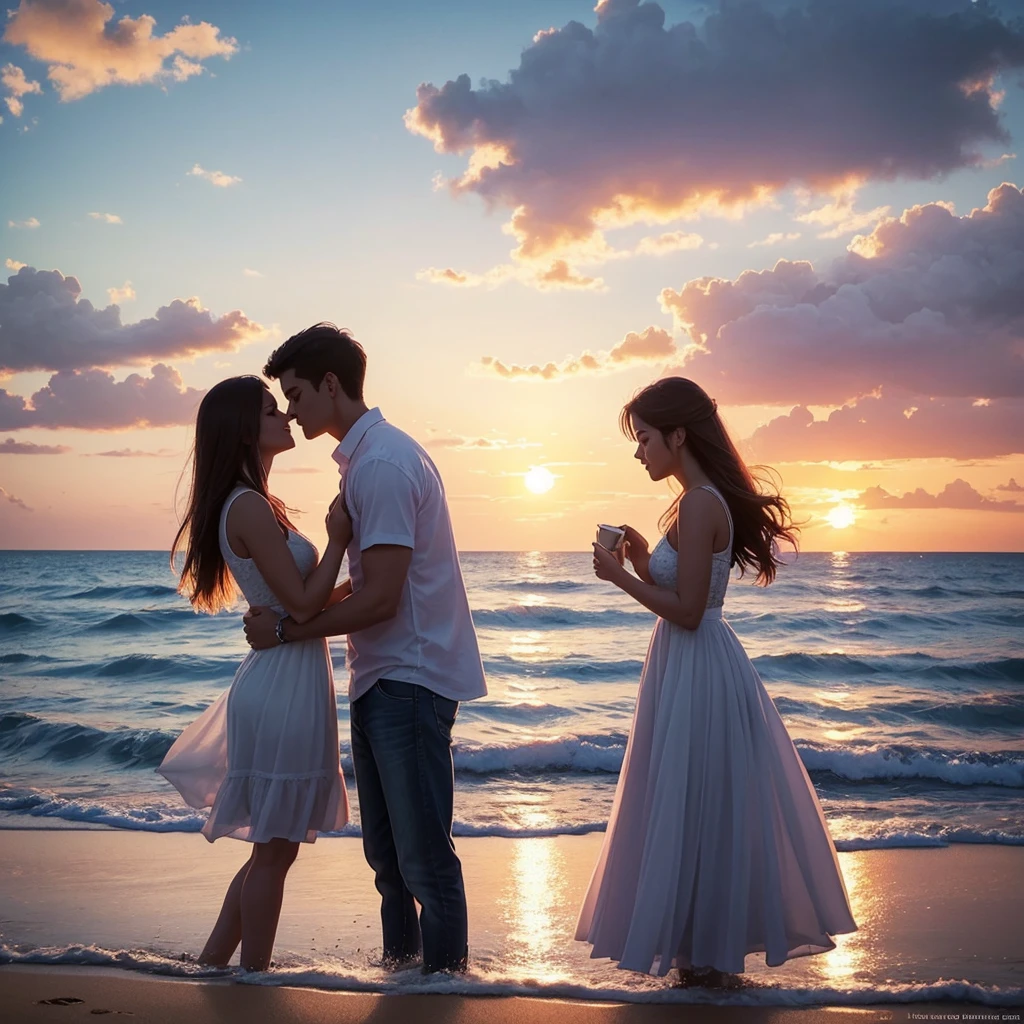 Act like a digital artist specializing in watercolor.Create an image of a romantic watercolor couple. The image must convey feelings of love and affection. The setting should be a sunset on the beach, with warm, vibrant colors to capture the beauty of the moment. This image will be used on social media, so it should be visually appealing and convey a sense of serenity and romance.
