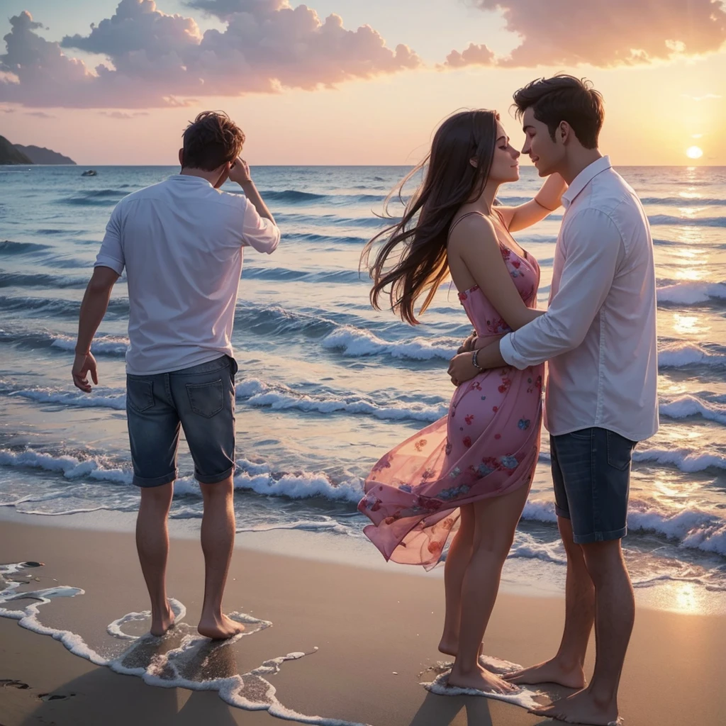 Act like a digital artist specializing in watercolor.Create an image of a romantic watercolor couple. The image must convey feelings of love and affection. The setting should be a sunset on the beach, with warm, vibrant colors to capture the beauty of the moment. This image will be used on social media, so it should be visually appealing and convey a sense of serenity and romance.