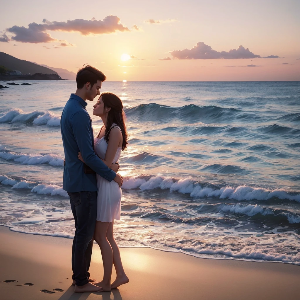 Act like a digital artist specializing in watercolor.Create an image of a romantic watercolor couple. The image must convey feelings of love and affection. The setting should be a sunset on the beach, with warm, vibrant colors to capture the beauty of the moment. This image will be used on social media, so it should be visually appealing and convey a sense of serenity and romance.