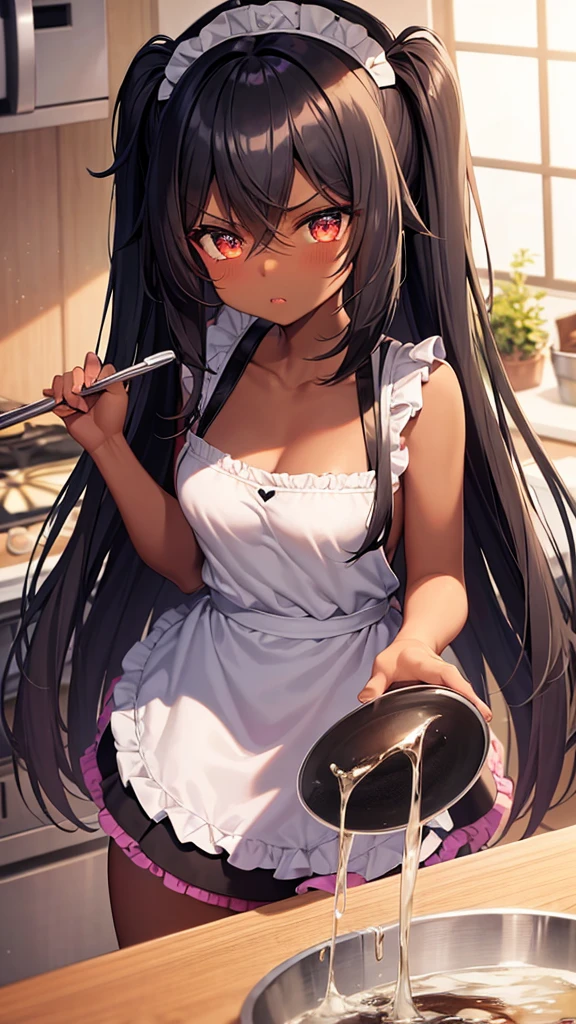 black girl, dark skinned girl, skin black. long hair, black and with fringe. Big black eyes. angry and cute expression, wearing pink lingerie and apron, cooking in a kitchen