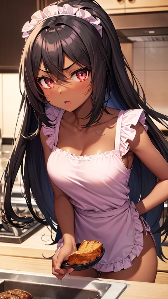 black girl, dark skinned girl, skin black. long hair, black and with fringe. Big black eyes. angry and cute expression, wearing pink lingerie and apron, cooking in a kitchen