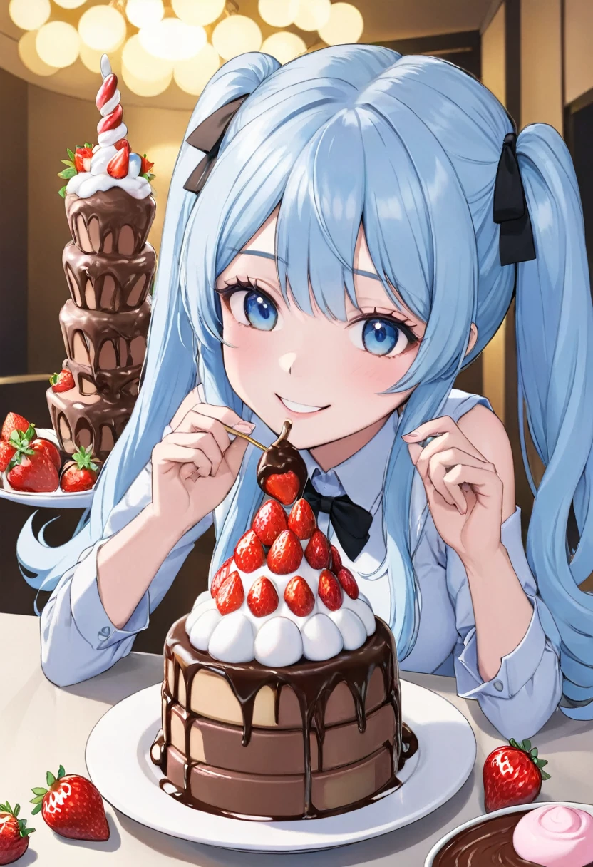 Light blue long hair、Beautiful girl with twin tails、Enjoying chocolate fondue、marshmallow、strawberry、Chocolate Tower、Bright smile