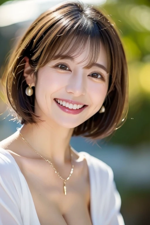 Japanese、female、short hair、Bob Hair、Light Brown Hair、28 years old、smile、Earrings、necklace、Large Breasts、Cleavage、White shirt、A little small mouth、