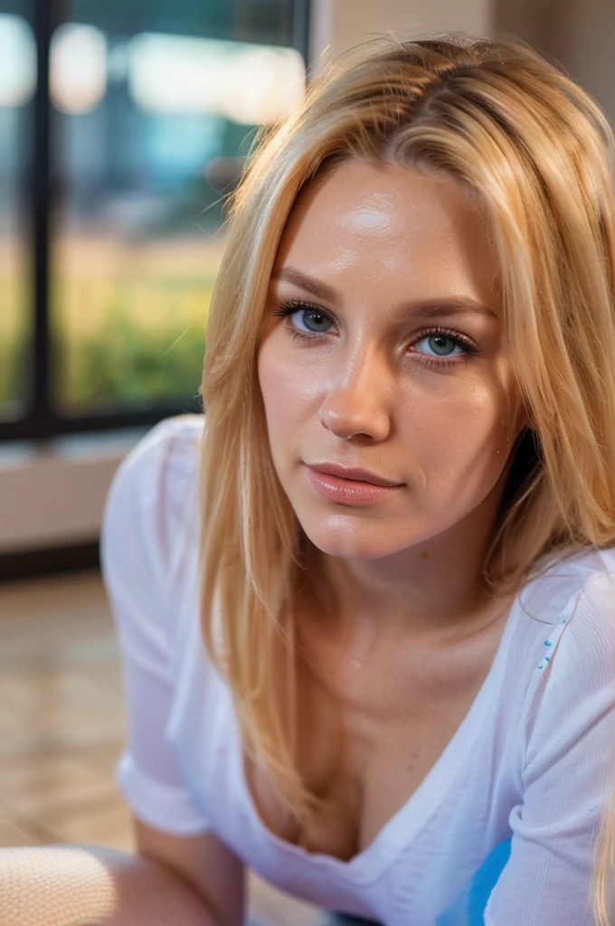 a beautiful blonde woman, sunset, beautiful golden blonde hair, detailed eyes, beautiful detailed lips, extremely detailed face, long eyelashes, beautiful detailed portrait, selfie dans le lit,(best quality,4k,8k,highres,masterpiece:1.2),ultra-detailed,(realistic,photorealistic,photo-realistic:1.37),HDR,studio lighting,ultra-fine painting,sharp focus,physically-based rendering,extreme detail description,professional,vivid colors,bokeh,portrait