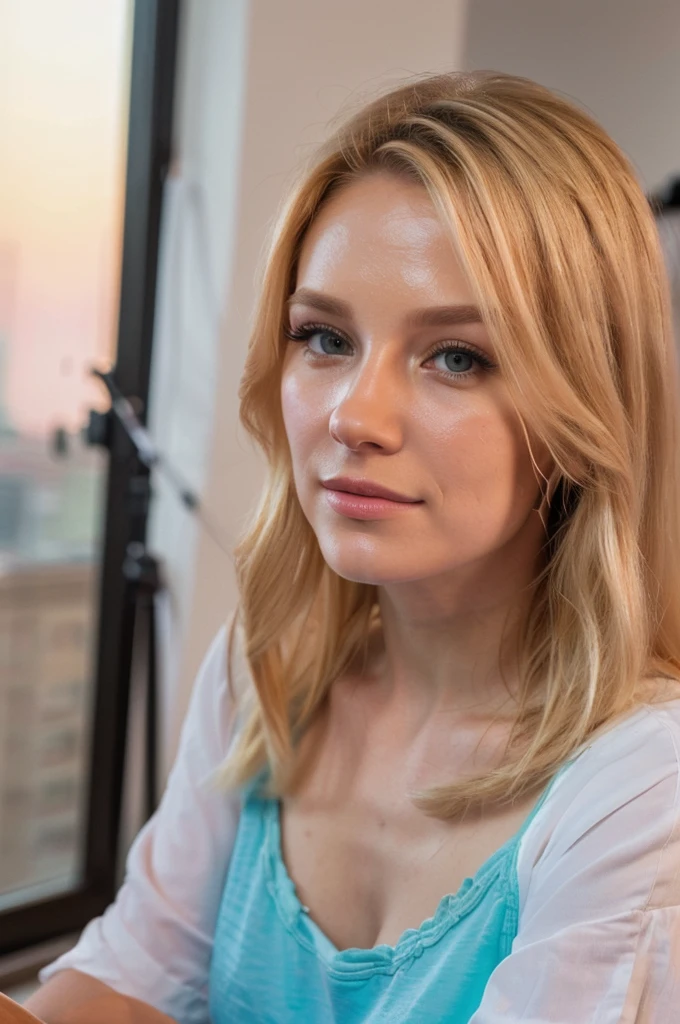 a beautiful blonde woman, sunset, beautiful golden blonde hair, detailed eyes, beautiful detailed lips, extremely detailed face, long eyelashes, beautiful detailed portrait, selfie dans le lit,(best quality,4k,8k,highres,masterpiece:1.2),ultra-detailed,(realistic,photorealistic,photo-realistic:1.37),HDR,studio lighting,ultra-fine painting,sharp focus,physically-based rendering,extreme detail description,professional,vivid colors,bokeh,portrait