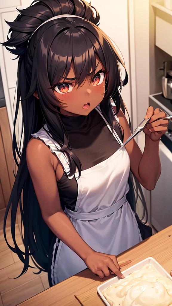 black girl, dark skinned girl, skin black. long hair, black and with fringe. Big black eyes. angry and cute expression, wearing a pink apron, cooking in a kitchen