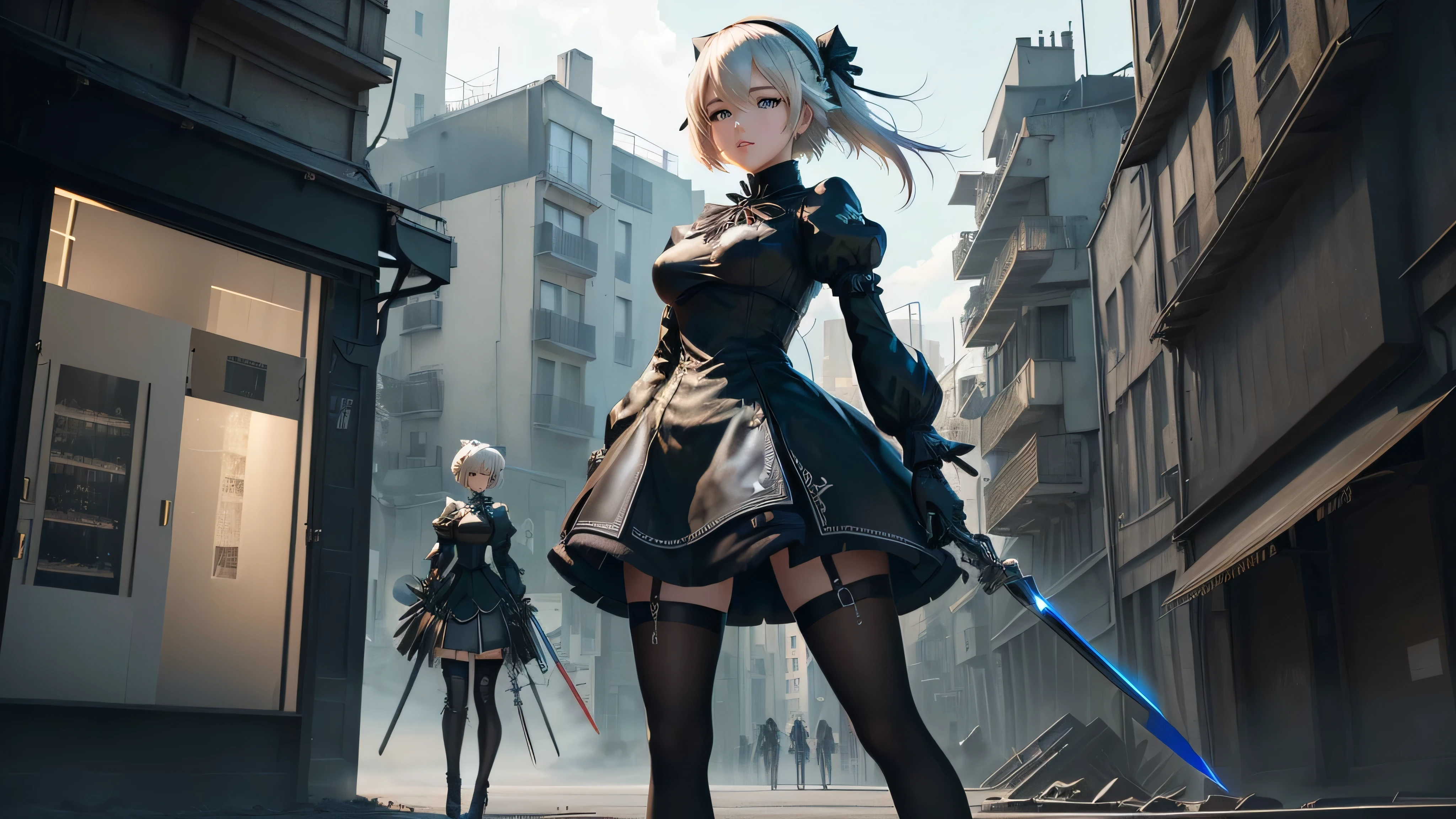 anime girl avec épée dans un décor de ville futuriste, 2 b, 2B, film still of 2B Nier Automates, plus inspiré, nier : automates inspirés, plus de formes, yeux rouge, beaux yeux, une épée