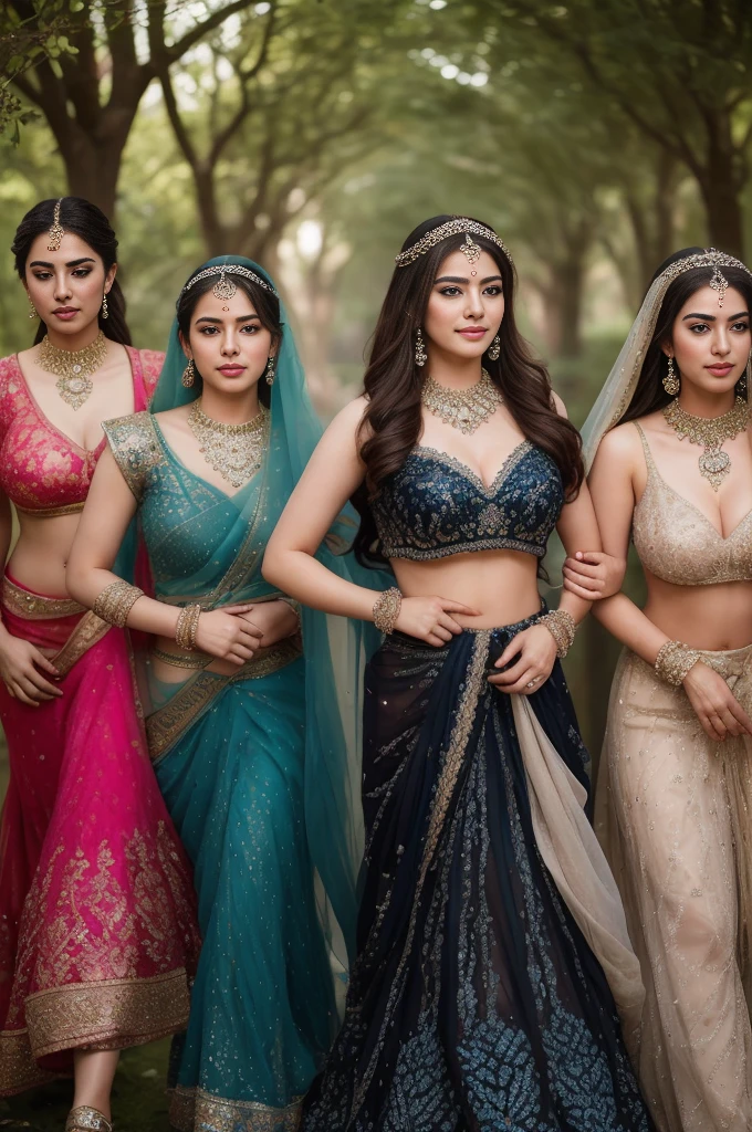(((Ultra High quality))), (((masterpiece))), (((front lighting:1.2))), potrait of Indian goddess, ((((group of many woman:1.5)))), ((a group of woman:1.5)), (hug together), beautiful asian face, detailed face features, attractive eyes, seductive smile, long braided hair, (((tanned color skin tone;1.5))), big necklace jewelry, big diamond earring, diamond bracelet, Tighten the body, clothes details, ((long cover sutra gown:1.5)), ((strapless saree:1.5)), ((floral ornament dress:1.2)), ((transparent clothes:1.2)), looking at viewer,curvy body, big breast, nipple, huge booty, thin waist, ((natural abs)), ((wide hips)), (thick thigh), (thick legs), ((cameltoe pussy:1.5)), ((thick pubic)), morning atmosphere, ((india building tample landscape)), ((garden fower)), (( standing pose, waterfall landscape, ((princess reunion))