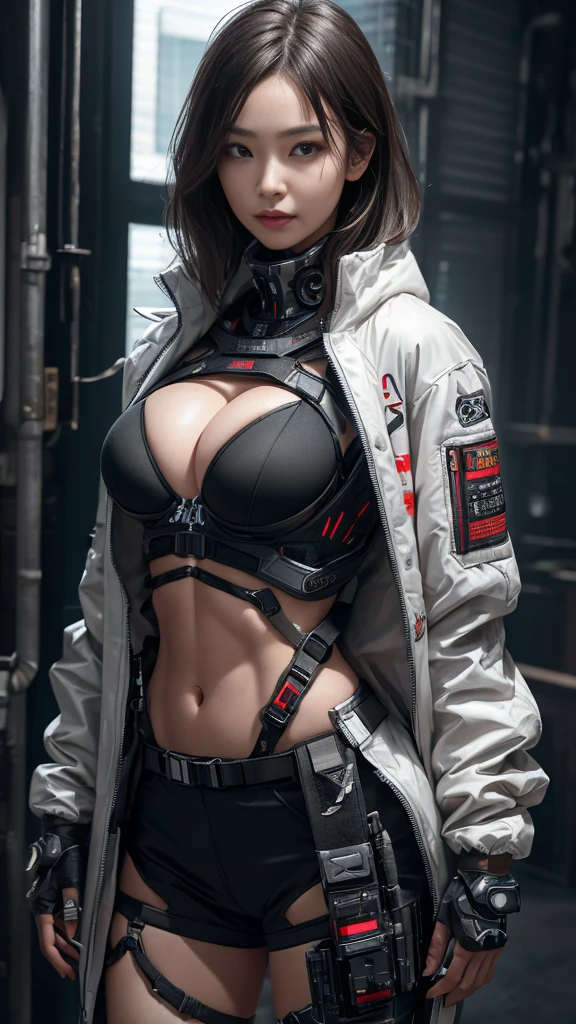Very beautiful woman、Slender women、(Detailed face)、Realistic Skin、((Delicate photo)),(Girl Masterpiece RAW Photo Details:1.25), (Highest quality:1.6), (Ultra-high resolution:1.5), (Realistic:1.75), 8K resolution, Canon EOS R5, 50mm, Absurd, Ultra-detailed,Cinema Lighting、One girl, 白hair,,((hime_cut))、Smile、 Window Shades, White jacket, Chest Rig, cyber punk, ((Techwear)),I can see your abs、Bra Top、((Big Breasts))、((The abdomen is visible))