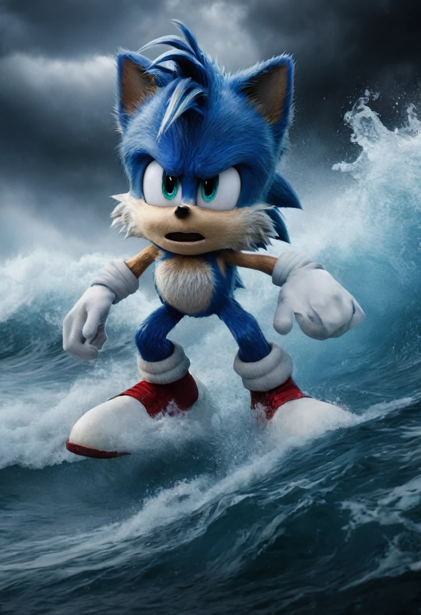 epic cinematic shot of dynamic, dark and unsettling dream showing sonic the hedgehog, impressionist water color tidal wave. best quality, high resolution. created by genius but depressed mad artist. grim beauty, in motion. main subject of high budget action movie. raw photo, motion blur. best quality, high resolution, inspired by courage and unlimited creativity. truth found in chaos 