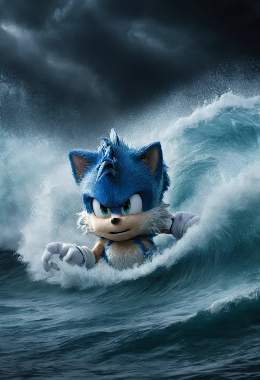 epic cinematic shot of dynamic, dark and unsettling dream showing sonic the hedgehog, impressionist water color tidal wave. best quality, high resolution. created by genius but depressed mad artist. grim beauty, in motion. main subject of high budget action movie. raw photo, motion blur. best quality, high resolution, inspired by courage and unlimited creativity. truth found in chaos 