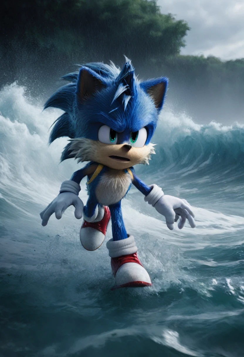 epic cinematic shot of dynamic, dark and unsettling dream showing sonic the hedgehog, impressionist water color tidal wave. best quality, high resolution. created by genius but depressed mad artist. grim beauty, in motion. main subject of high budget action movie. raw photo, motion blur. best quality, high resolution, inspired by courage and unlimited creativity. truth found in chaos 