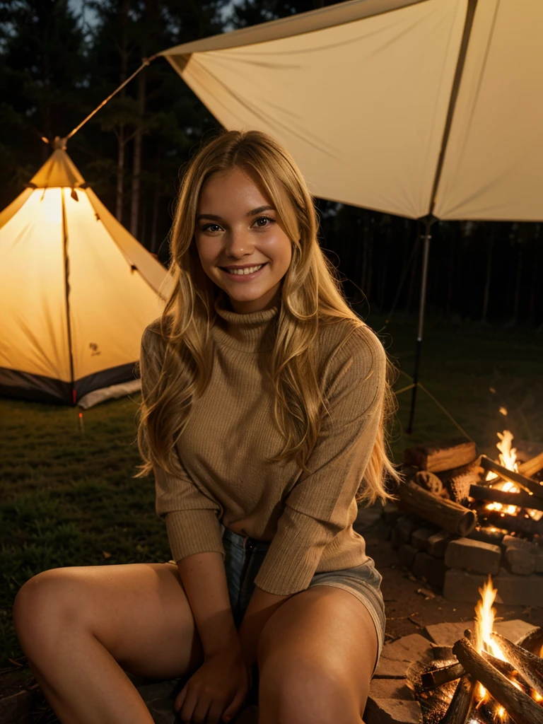 A young woman with long blonde hair is sitting comfortably by a campfire at night. She is wearing a short-sleeved, brown turtleneck shirt and beige shorts. The warm glow of the campfire illuminates her smiling face and highlights her relaxed and content expression. The setting appears to be a campsite, with a tent visible in the background amidst the forest. The lighting is soft and warm, casting gentle shadows and creating a cozy, serene atmosphere. The overall scene evokes a sense of peace and enjoyment of nature.