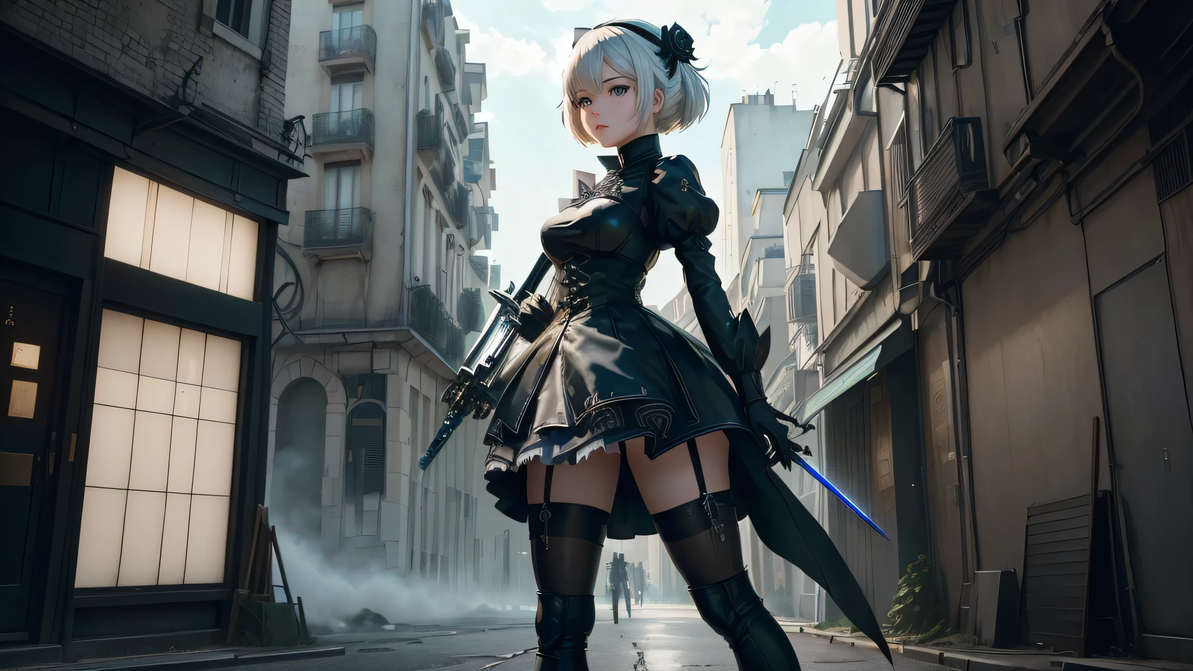 anime girl avec épée dans un décor de ville futuriste, 2 b, 2B, film still of 2B Nier Automates, plus inspiré, nier : automates inspirés, plus de formes, yeux rouge, beaux yeux, une épée