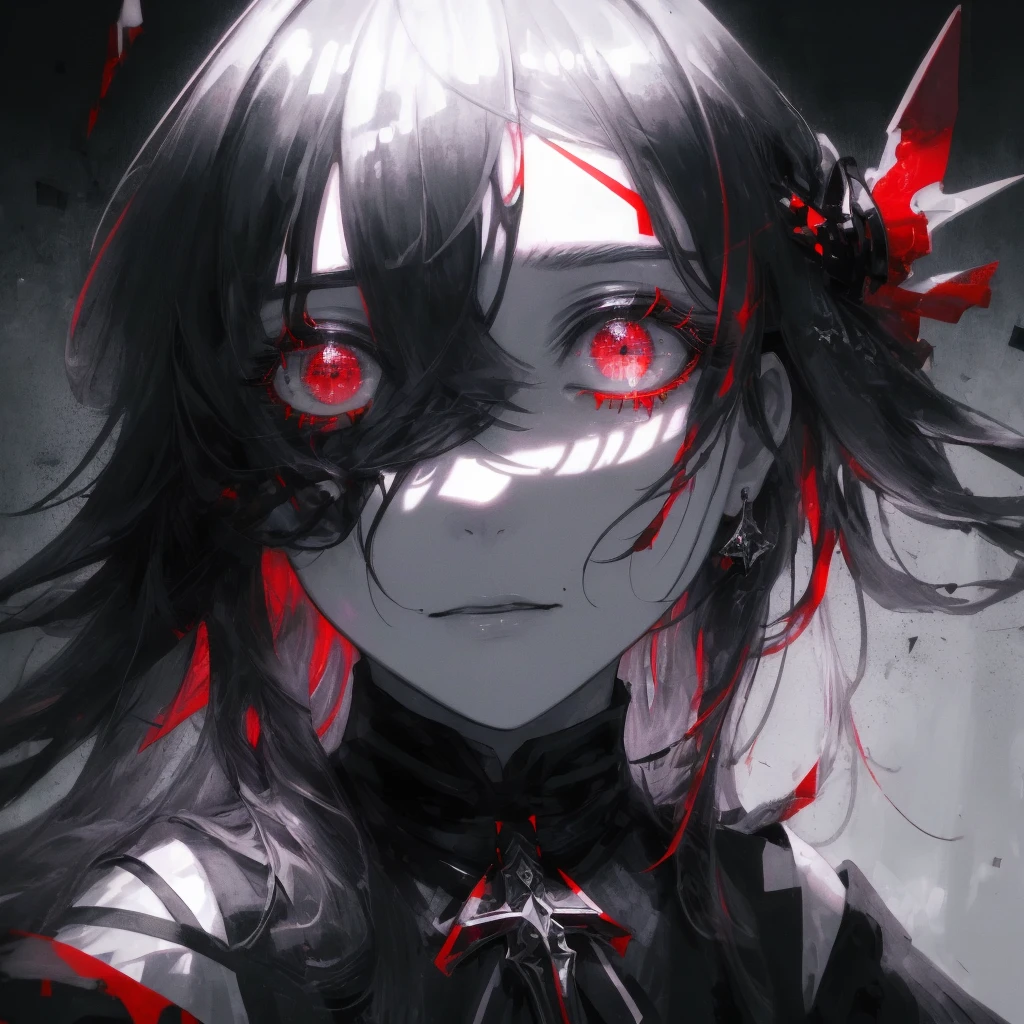 ((masterpiece)), Best quality, Ultra high resolution, extremely detailed, Bright lighting, difficult, psychedelic, One, Sideways to the camera, high contrast, deafening, emotional, surreal, Gradient detailed gray-black eyes, Model Figure, long black wavy hair, blood, demonic, fracture, White background, depressive, dark gothic style, Dead Inside, horror, Anime IRL, realistic shadows, fractures, Gloomy atmosphere, Proud Face, white krills cover half of the face, blood на лице