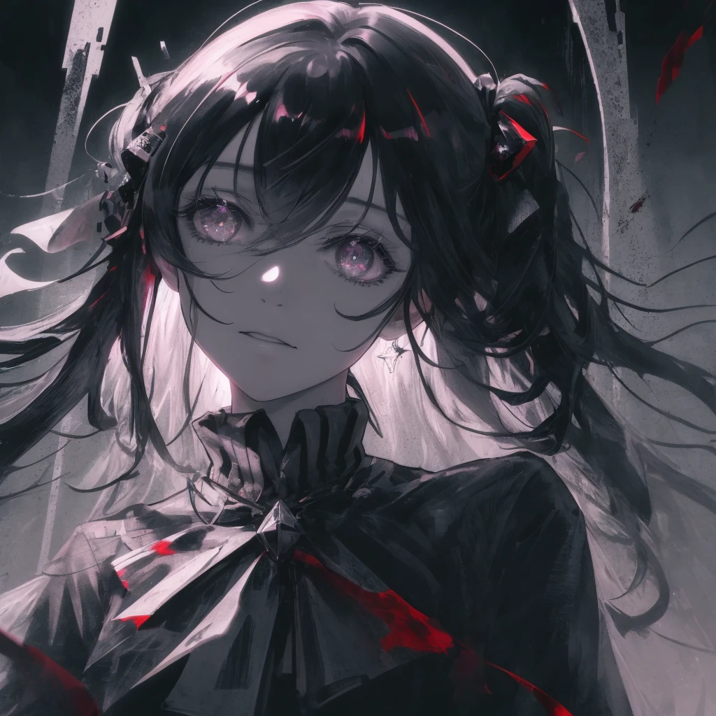 ((masterpiece)), Best quality, Ultra high resolution, extremely detailed, Bright lighting, difficult, psychedelic, One, Sideways to the camera, high contrast, deafening, emotional, surreal, Gradient detailed gray-black eyes, Model Figure, long black wavy hair, blood, demonic, fracture, White background, depressive, dark gothic style, Dead Inside, horror, Anime IRL, realistic shadows, fractures, Gloomy atmosphere, Proud Face, white krills cover half of the face, blood на лице