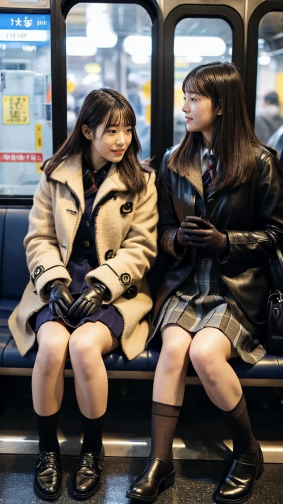 A photo of two mature Japanese high school girls wearing duffle coats with leather shoes and shiny black leather gloves,Heavy makeup face,Ultra-detailed face, eye make up,Profile of a woman with her legs crossed at the entrance to the subway. Ultra Mini Skirt,LOL,School Bags,This photo was taken in daylight with soft lighting..、The girls are sitting on train seats.。. This photo was taken by someone on their cell phone..、Apparently it was posted on Snapchat.。.