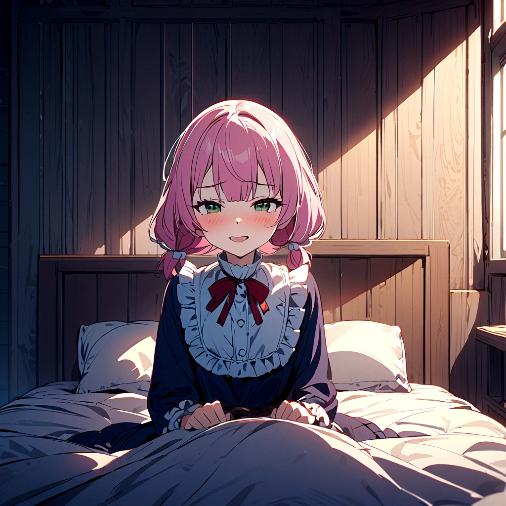 A scene from a movie、A full shot of the inn、Put the whole girl in the frame、Sit on the bed、Beautiful girl waiting for sex、Flushed face、Pink Hair、Twin Drill