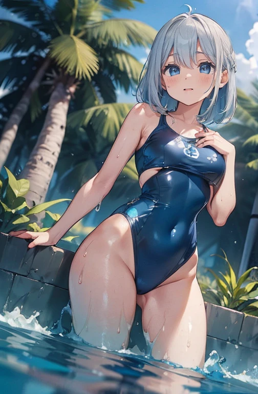 (best qualityer, masterpiece1.8), cute painting, a woman in a swimsuit in the water, wet swimsuit wear, is wearing a swimsuit wear, water armor, blue scales covering her chest, in water up to your shoulders, stands in a pool of water, swimsuit wear, scales covering her chest, wearing two - piece swimsuit wear, Nothing, with blue skin, deep blue skin, water demon, silver hair (hypdertailed)