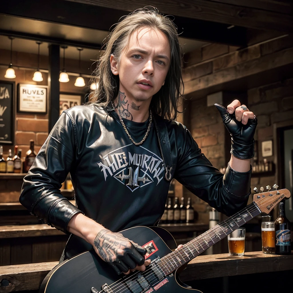 high-quality photo featuring Metallica band ((4 guys Kirk Hammett, Lars Ulrich, Robert Trujillo, James Hetfield with one hot girl standing in pub)) All of them should have a rugged, rock-and-roll appearance, with details like tattoos, leather gloves, and Metallica bandanas. Beside them, a stunning brunette woman poses confidently. She should be wearing a stylish yet casual outfit that complements the farmers, with her entire body visible in the shot. The background should be a some pub with beers