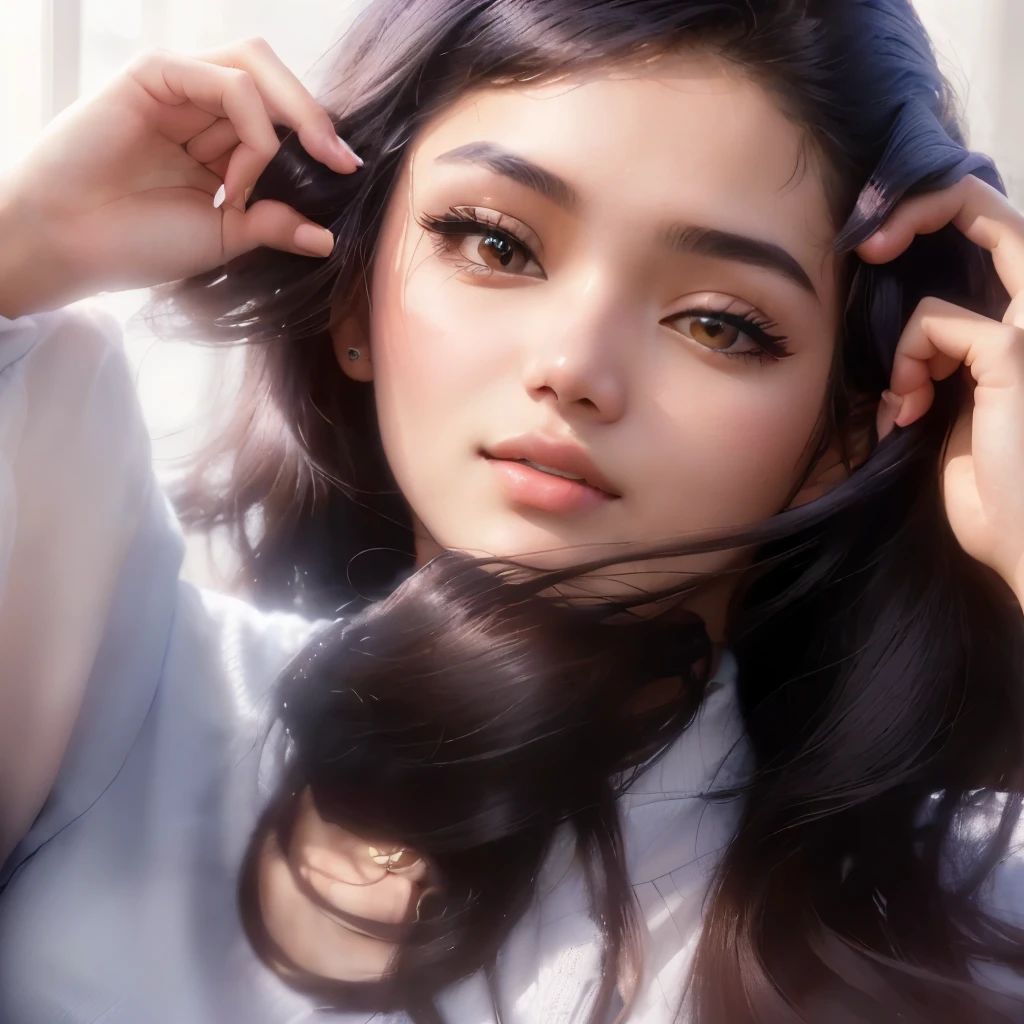 there is a woman that is sitting down with a cell phone, with accurate face, profile pic, 18 years old, nivanh chanthara, 1 8 yo, very beautiful girl, with cute - fine - face, 1 , dang my linh, 2 2 years oldlino, profile image, profile picture, with kind face