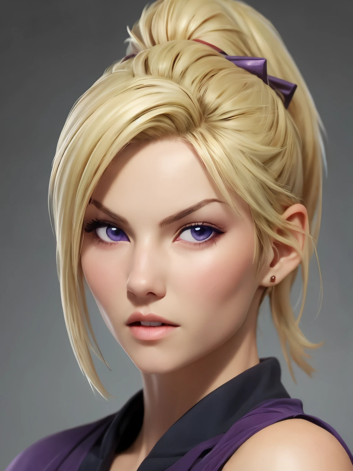 beautiful portrait of blond female in her 30s , blonde hair,  mature , milf, blonde hair, purple eyes, folded ponytail, hair ornament, tsukuyo,
scar on cheek, 