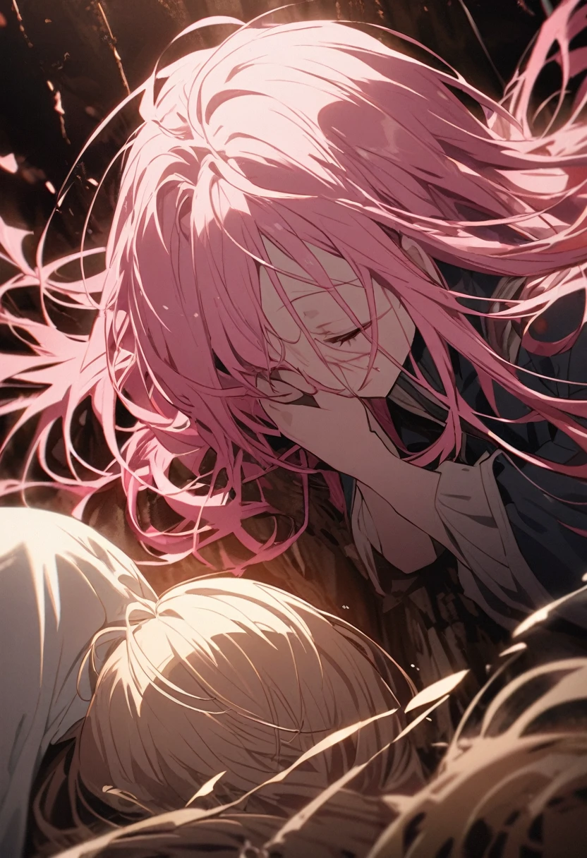 A scene from a movie、Put the whole person in the frame、Face covered in blood、A pink-haired woman prays nearby.,、Light of Atonement、Afterglow of Repentance、Possibility of becoming a saint、
