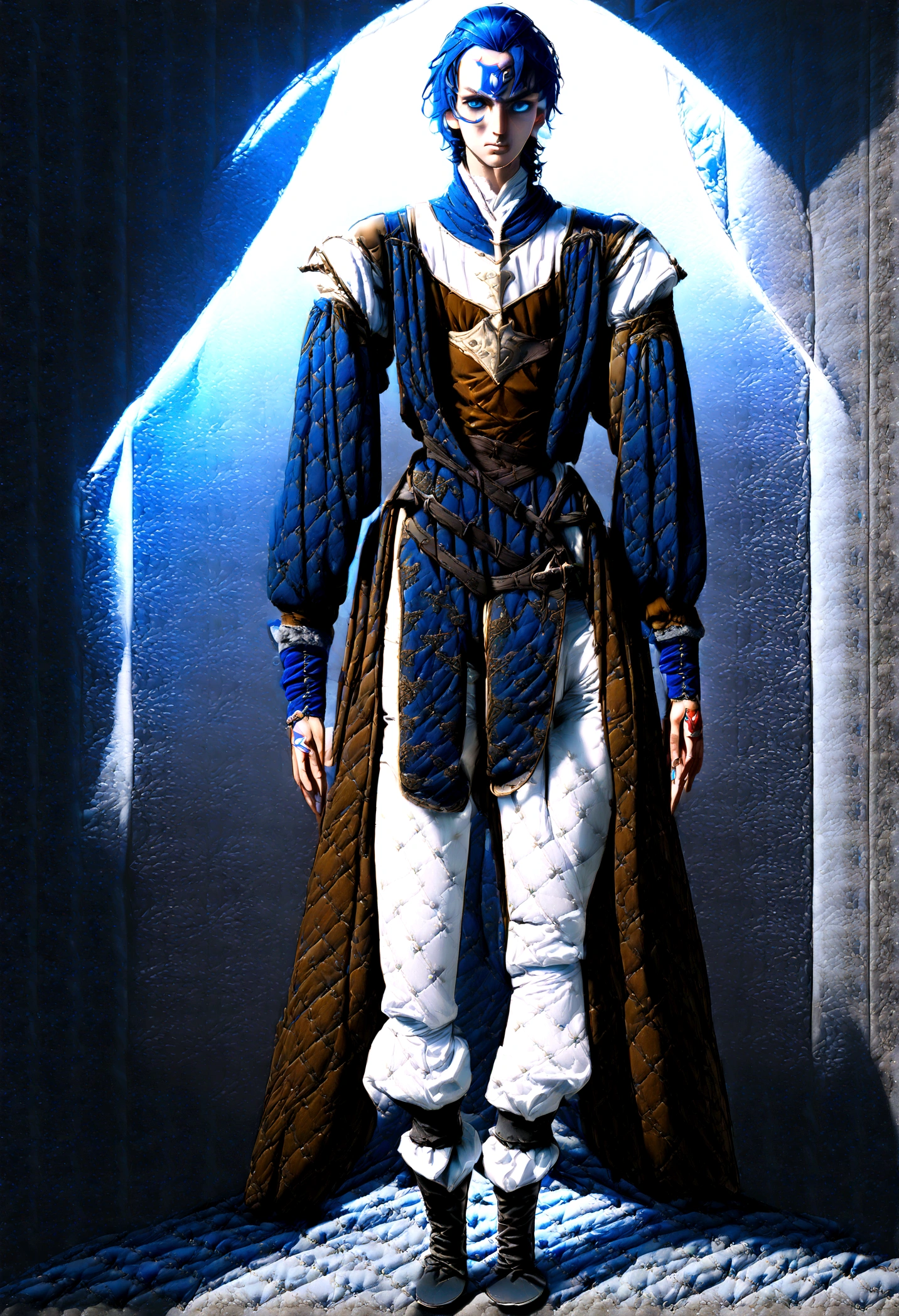 (masterpiece, Best quality), (((facing the viewer, full height))), ((full body)), ((teenage man)) with blue hair , ((Blue eyes)), ((Tattoo under eyes)), ((medieval classic costume, fantasy outfit)), ( White pants )