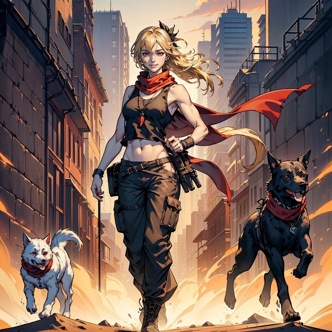 Masterpiece, Professional, High Definition - quality, sharp focus, perfect artwork, Best Illustration, trending on artstation, UHD, 4k, full body, NSFW
"Top image quality、masterpiece, ((18year old、Blue navel tank top、Military pants、Best Bust、Bust 90、Blonde Away、Red Eyes、open chest wide、Valley、Happiness、A slender、smile、black bandana, Earphone jack in ear、Red Body Paint、Shooter、Black scarf、dog tag、a little muscular, Beautiful Art, simple_background, full body, perfect body,girl
"