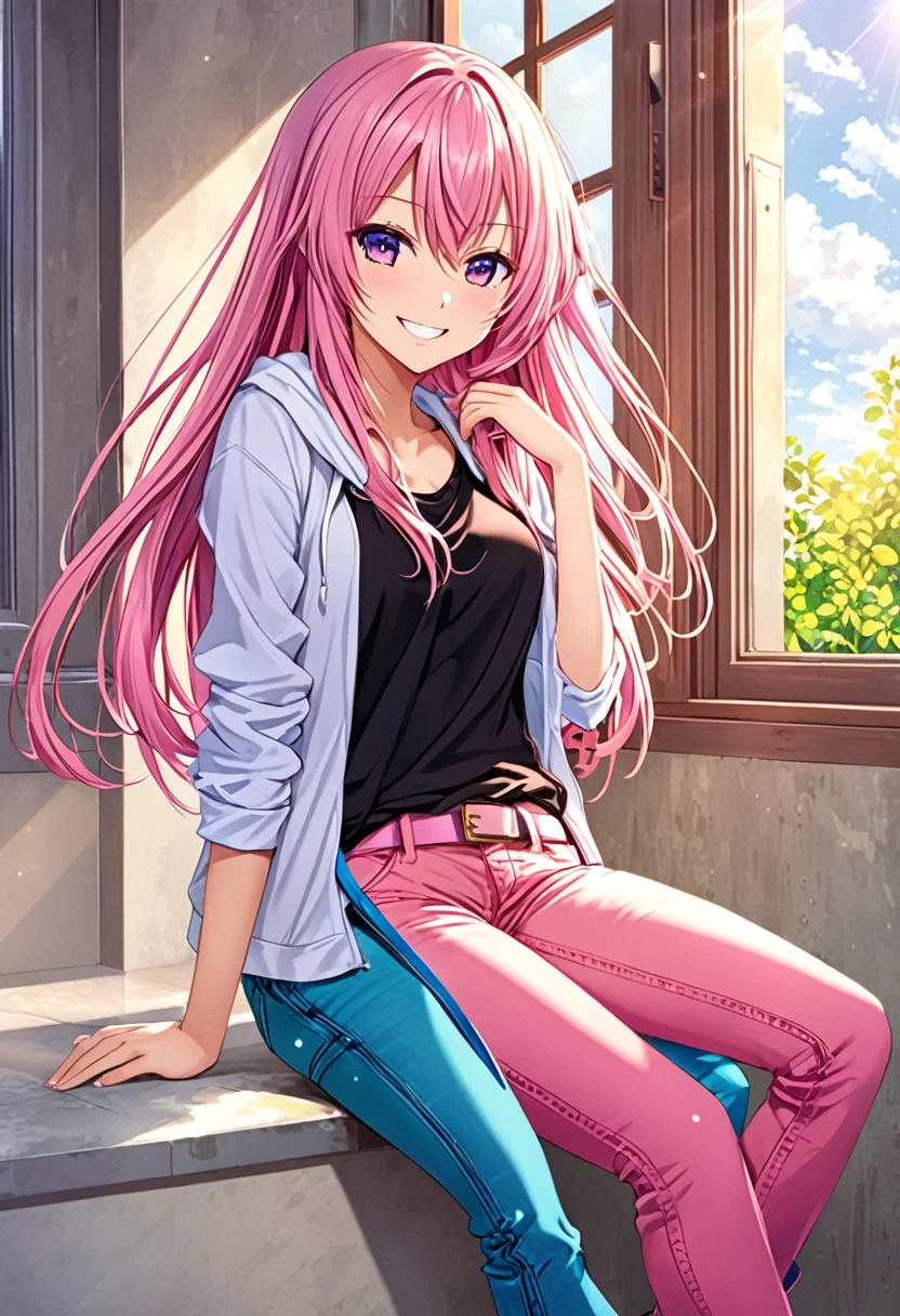 Megurine Luka casual clothes, colorful jeans, morning smile