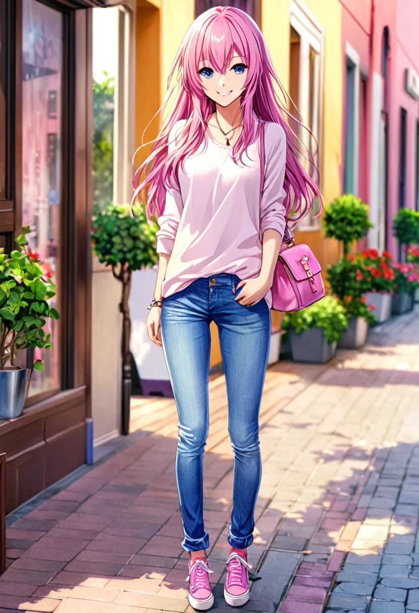 Megurine Luka casual clothes, colorful jeans, morning smile