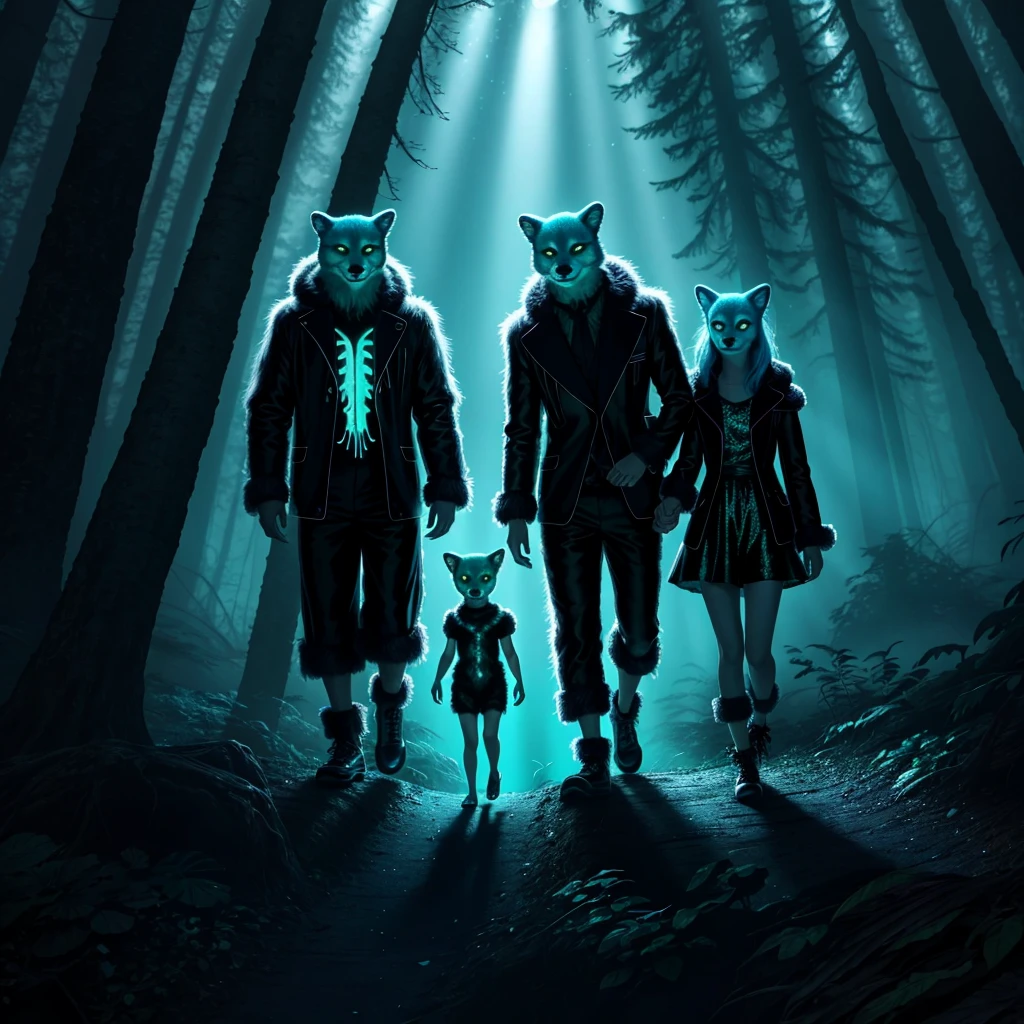 Bioluminescent alien family with shimmering, iridescent fur, prancing in an otherworldly forest, illuminated by the creatures' magical light, wearing disco-core fashion, Ektachrome photography style, with a juxtaposition of post-apocalyptic futuristic elements and hyper-realistic detail, captured on 70mm film, surrounded by a vibrant, enchanted woodland with glowing flora and fauna