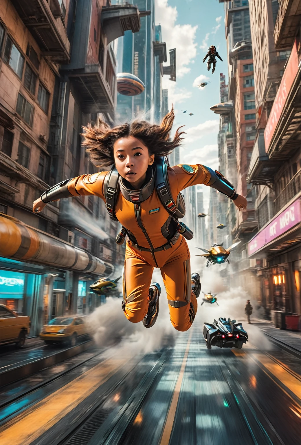 Action shot, motion blur, A bold , Flying over futuristic city with a jet pack, Mimicking the style of Wes Anderson, high detail,