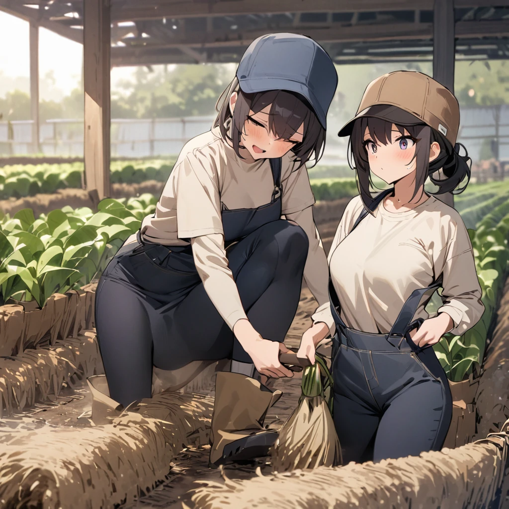 Top quality, masterpiece, girl, トマト畑, farming, work clothes, hat