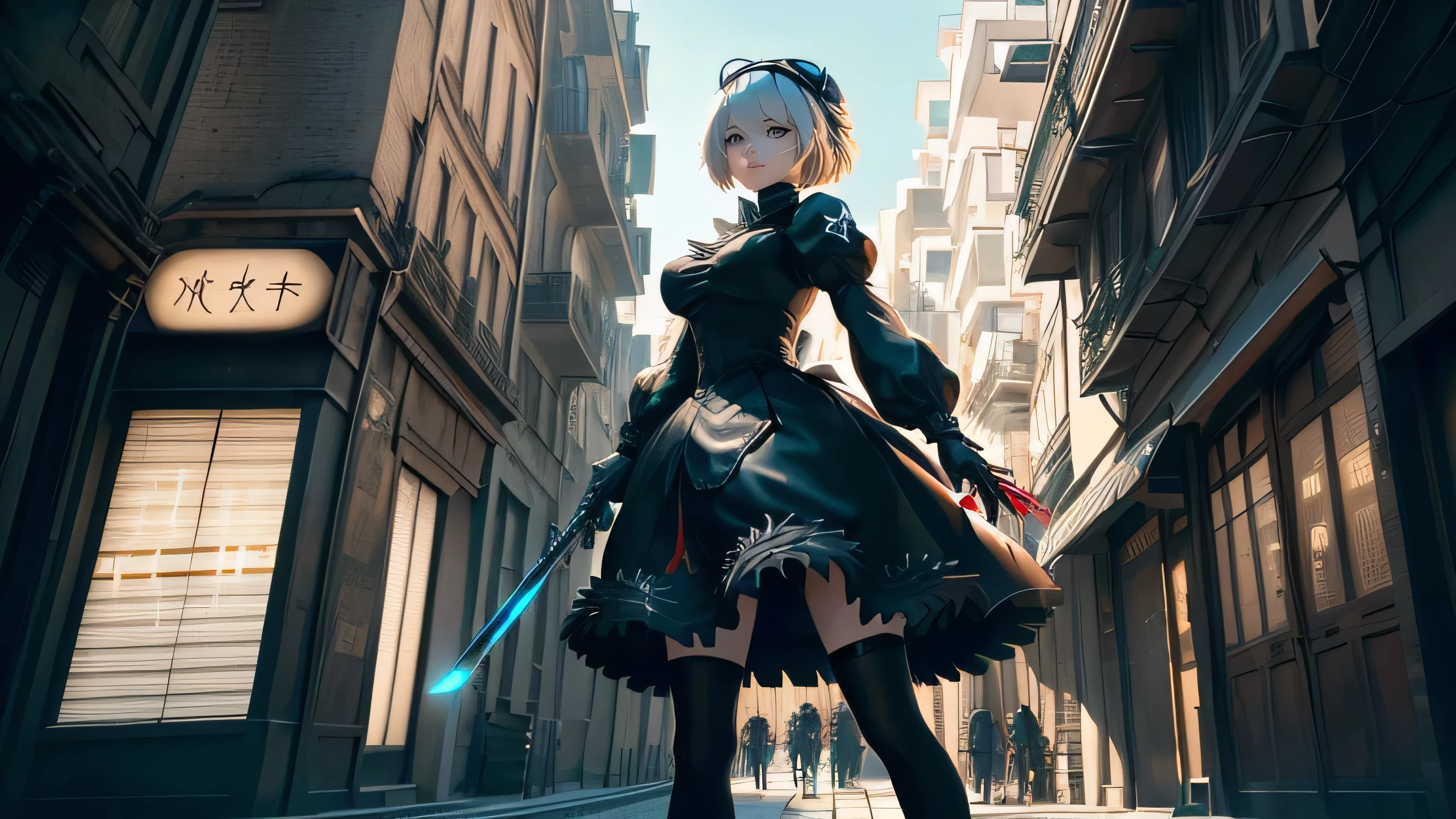 anime girl avec épée dans un décor de ville futuriste, 2 b, 2B, film still of 2B Nier Automates, plus inspiré, nier : automates inspirés, plus de formes, yeux rouge, une épée