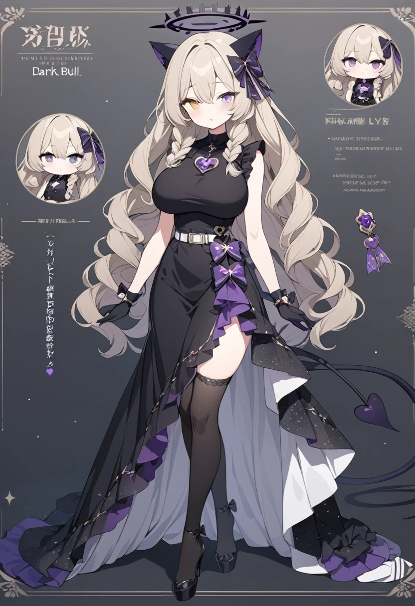 1 tall girl, Dark blonde long hair, slim build, wavy hair with knee length curls, small face, sectoral heterochromia (one gray eye and one purple eye), star ribbon on the right side of the hair, She has a short double braid on the left and right side of her head..... , extremely detailed face, Beautiful detailed eyes, beautiful detailed lips. short height 180cm, adorable, extremely detailed legs, (Best Quality, 4k, 8k, high resolution, Masterpiece: 1.2), ultra detailed, Exquisite and epic character art..., Amazing modern character trending theme..., character design (Character Reference Sheet: 1.10, Full body front and rear angle..), Black long stockings with elegant gear pattern..., Black platform heels, Elegant One Piece Ruffle Long Dress., black shoulder length gloves with gold star patterns, light gray belt with a large ribbon with purple heart buckle, black necklace with heart emblem on the neck. Black serval ears on head..., It has a succubus tail that ends in a star shape..... Wide hips. Wears a black halo with purple star patterns.. big breast size