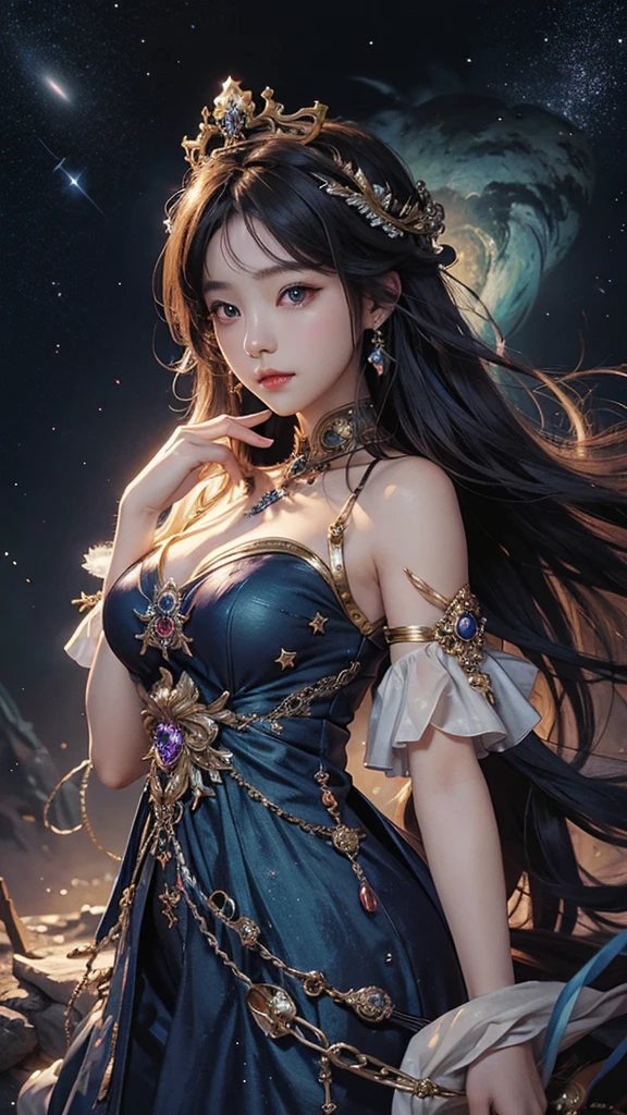 high resolution、goddess、gorgeous、crown、universe、Shining stars and nebulae、1 person、front、