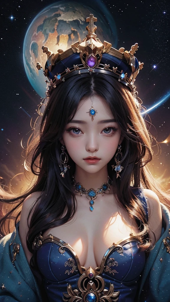 high resolution、goddess、gorgeous、crown、universe、Shining stars and nebulae、1 person、front、